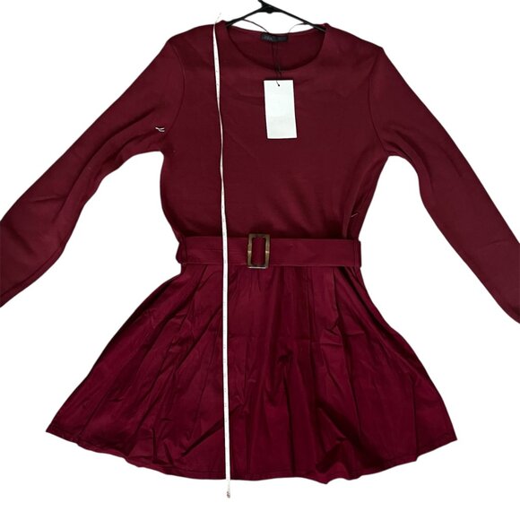 Zara Burgundy Belted Long Sleeve Mini Dress Chic Minimalist Size Large NWT - Picture 7 of 9